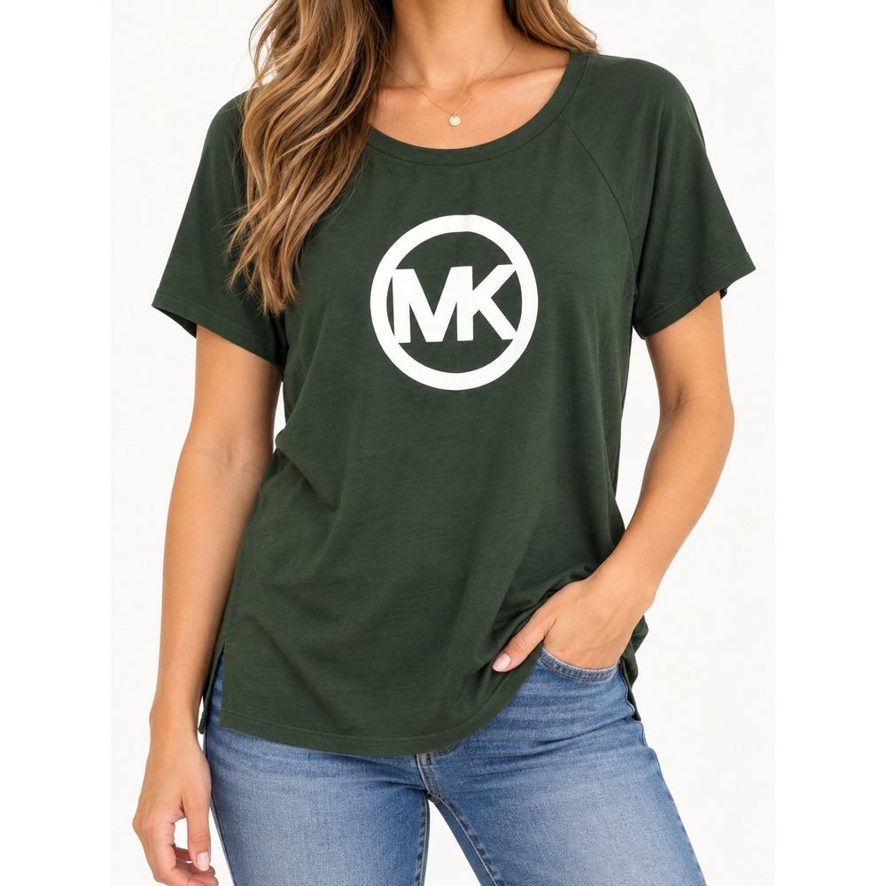 Michael Kors MK Circle Logo Shirt Olive Green Raglan Sleeve Plus Size 1X Top